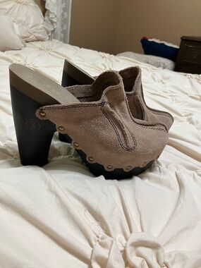 Suede Platform Clog Heels - Taupe